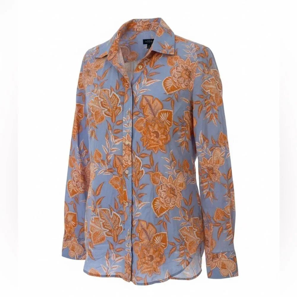 Talbots Vibrant Orange and Blue Leaf Print Long Sleeve Blouse - Size Small